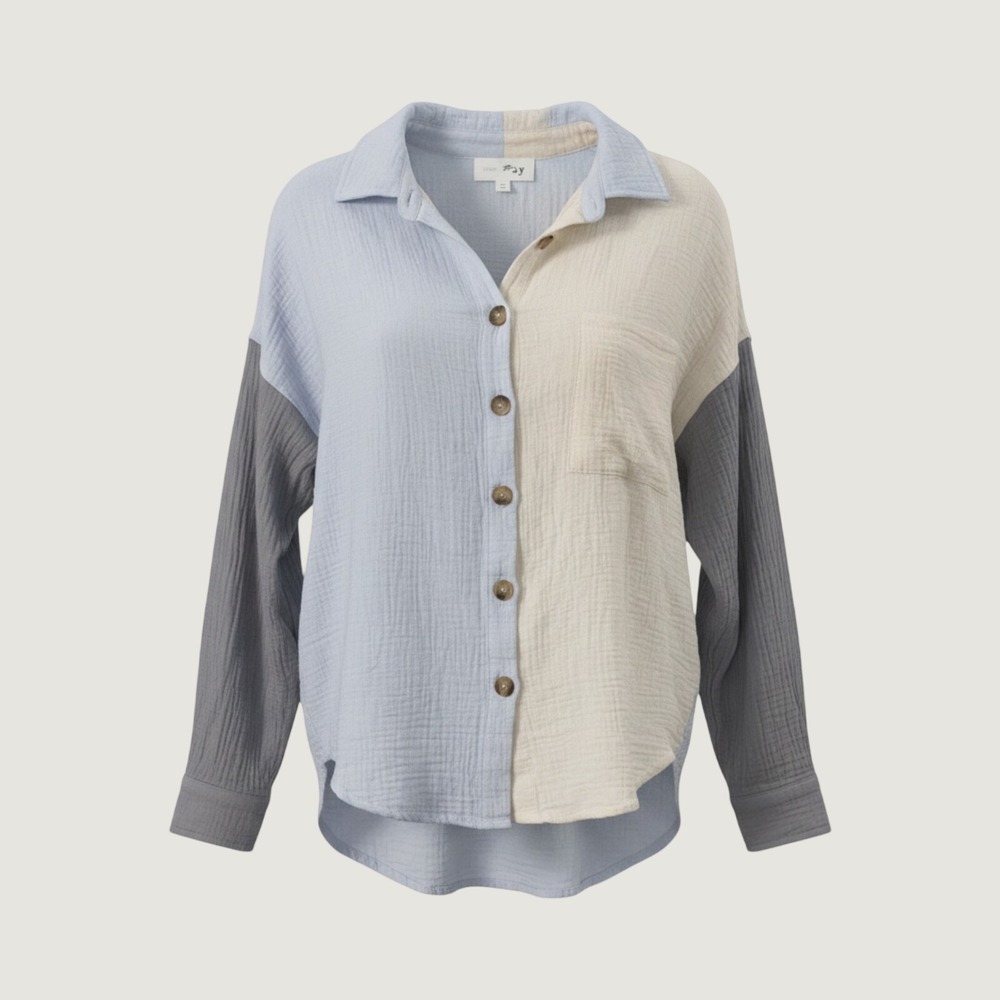 Heyday Cotton Muslin Colorblock Button Down Shirt Blue Cream Grey Women's Small